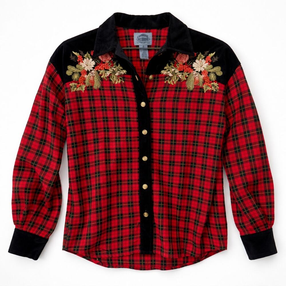 Western Luxury Cabincore Cowgirl Floral Plaid Red Velvet Embroidery Cotton Rodeo